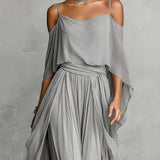 Sivý off-shoulder voľný top a nohavice z chiffon materiálu