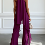 Fialový halter bezrukávový elegantný top s nohavicami - dvojdielna súprava