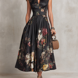 Čierne kľúčové golierové kvetinové plisované saténové midi šaty