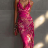 Fuchsiová kvetinová potlač bez rukávov s riasením a rozparkom bodycon šaty