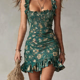 Bohémske zelené potlačené mini šaty s volánmi